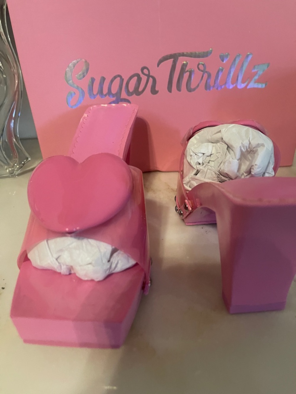 Sugar Thrillz Pink Patent Heart Block Heel Sandals